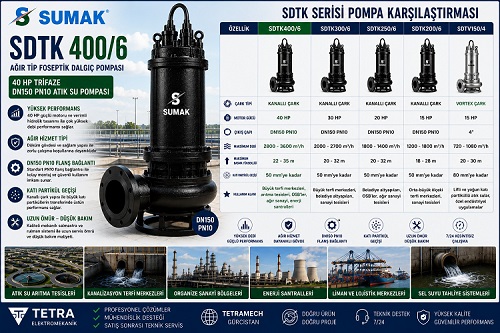Sumak SDTK400/6 Ağır Tip Foseptik Dalgıç Pompası 40 HP Trifaze DN150 PN10 Atık Su Pompası Karşılaştırması ve Teknik Özellikleri