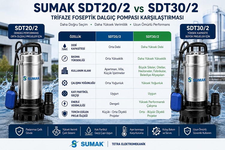 Sumak SDT20/2 ve SDT30/2 Trifaze Foseptik Dalgıç Pompaları Karşılaştırması: Hangi Model Hangi Proje İçin Daha Uygundur?