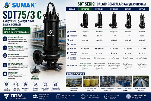 Sumak SDT75/3 C Karıştırıcılı Çamaşır Suyu Dalgıç Pompası 7.5 HP Trifaze 1450 D/D Karşılaştırması ve Teknik Özellikleri