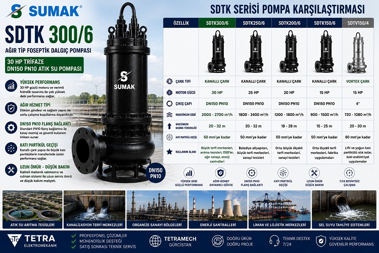 Sumak SDTK300/6 Ağır Tip Foseptik Dalgıç Pompası 30 HP Trifaze DN150 PN10 Atık Su Pompası Karşılaştırması ve Teknik Özellikleri