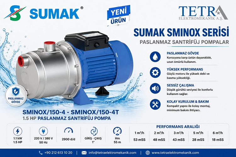 SUMAK SMINOX/150-4 ve SMINOX/150-4T Paslanmaz Santrifüj Pompa