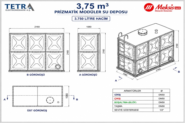 3,75 m³ Meksis Modüler Su Deposu 